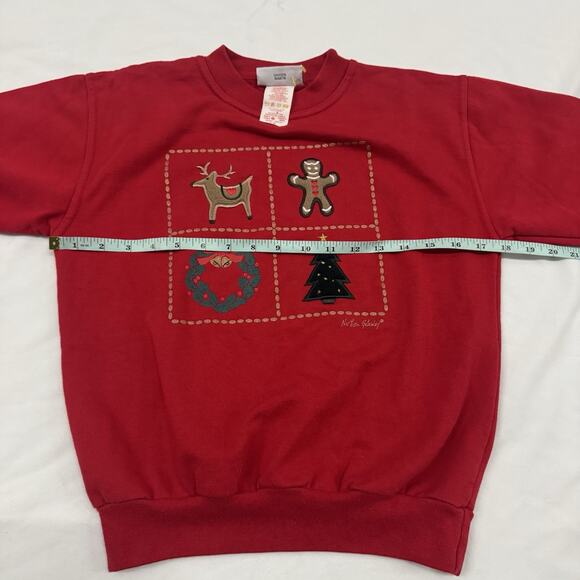 Vintage 90s Christmas Sweatshirt Size S Youth Crewneck Patches Tree Reindeer Red - Picture 4 of 7